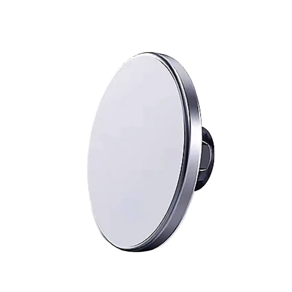 Magnetic car phone mount for iphone 12 13 14 15 with circular sleek chrome frame and black suction cup base