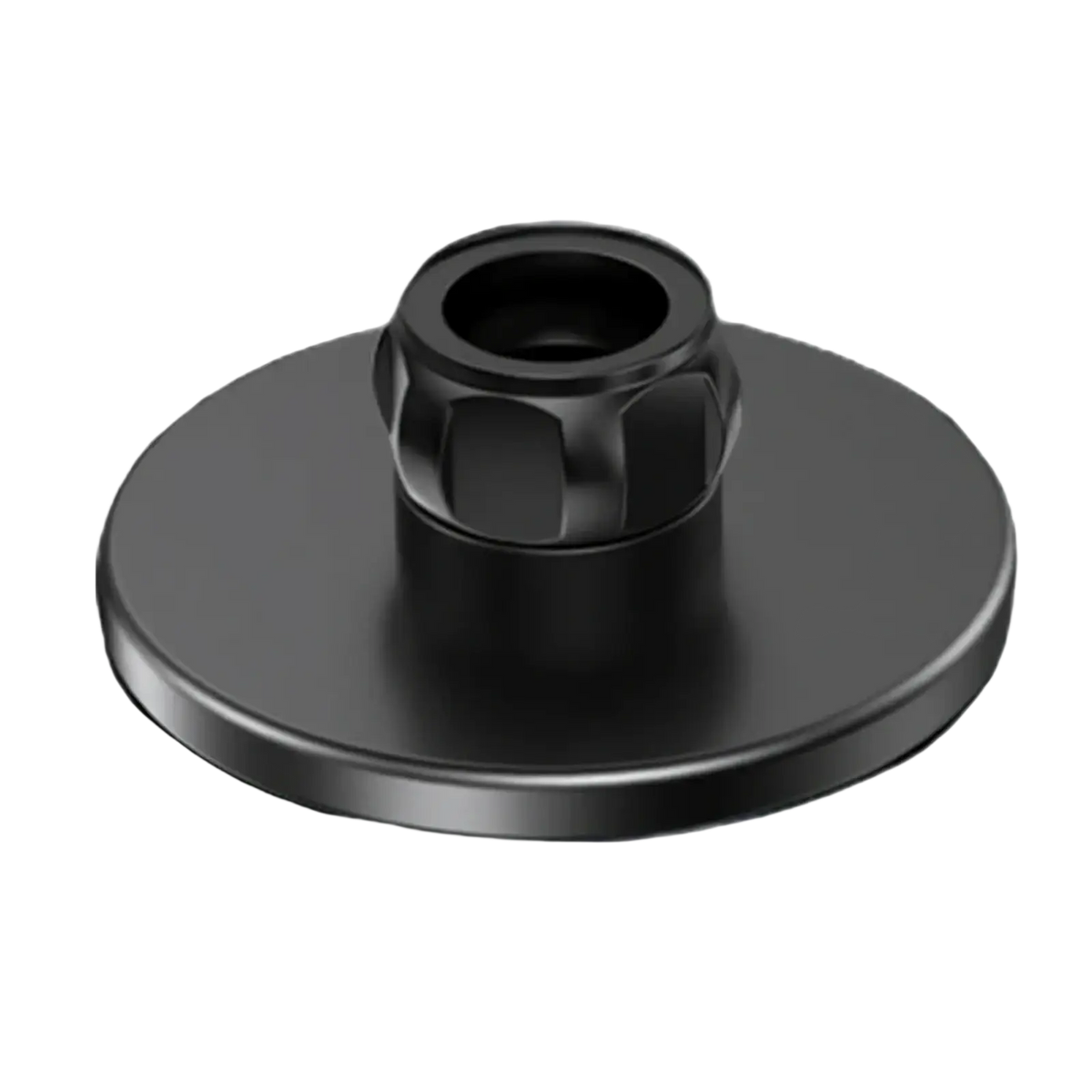 Black matte-finished metal mounting base with central hexagonal threaded post for magnetic car phone mount iphone 12 13 14 15 back side