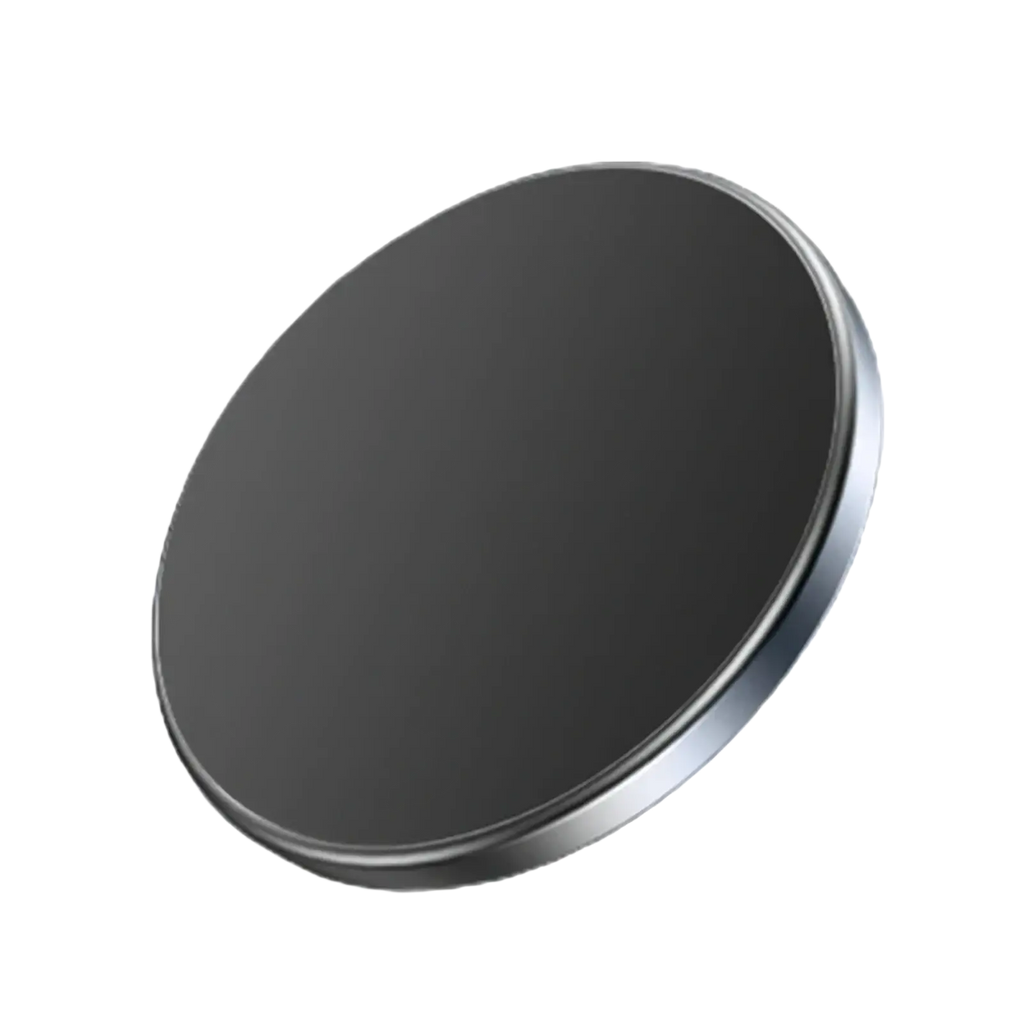 Black circular magnetic car phone mount with sleek metallic rim for iPhone 12 13 14 15 shown from the back side