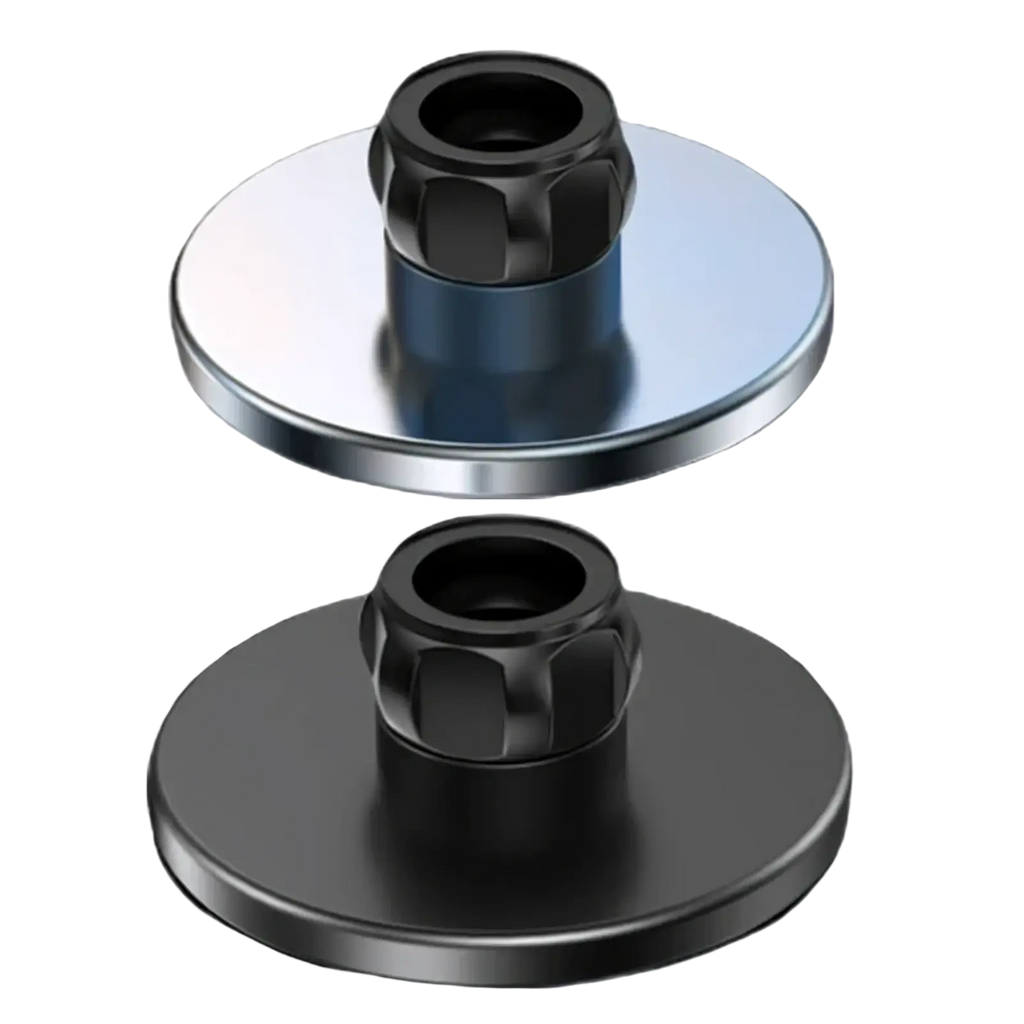 Two black and silver metallic snap buttons with hexagonal threaded tops for magnetic car phone mount for iPhone 12 to 15