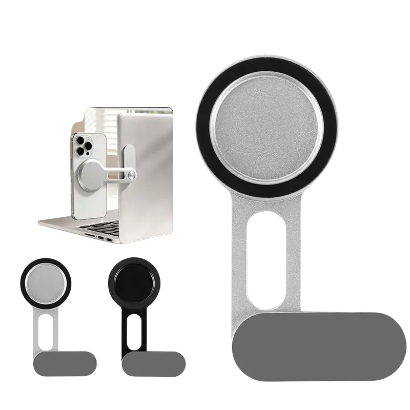 Silver aluminum laptop expansion stand with circular magnetic base and adjustable arm for magnetic phone holder use