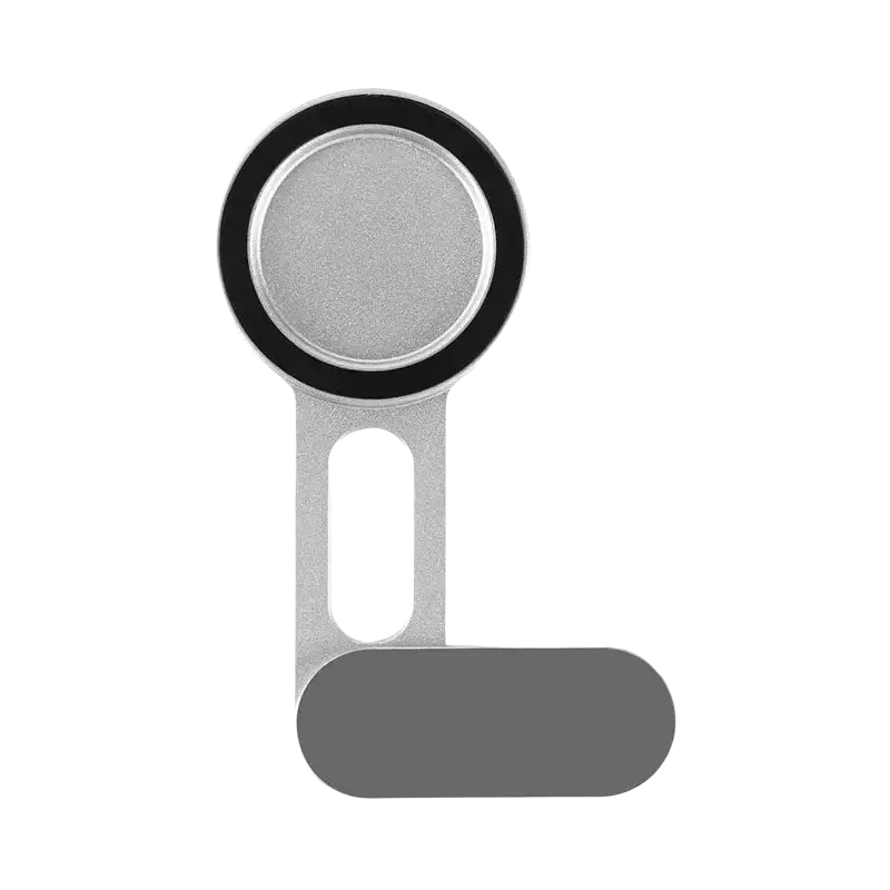 Silver metallic phone camera lens cover with black rubber ring and gray magnetic base for magnetic phone holder use