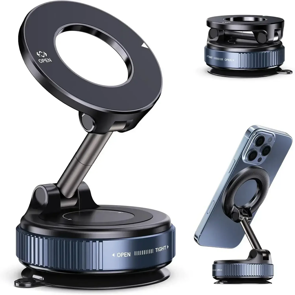 Black magnetic phone holder with adjustable arm and suction cup base for mobile phone on smooth surfaces