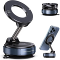 Black magnetic phone holder with adjustable arm and suction cup base for mobile phone on smooth surfaces