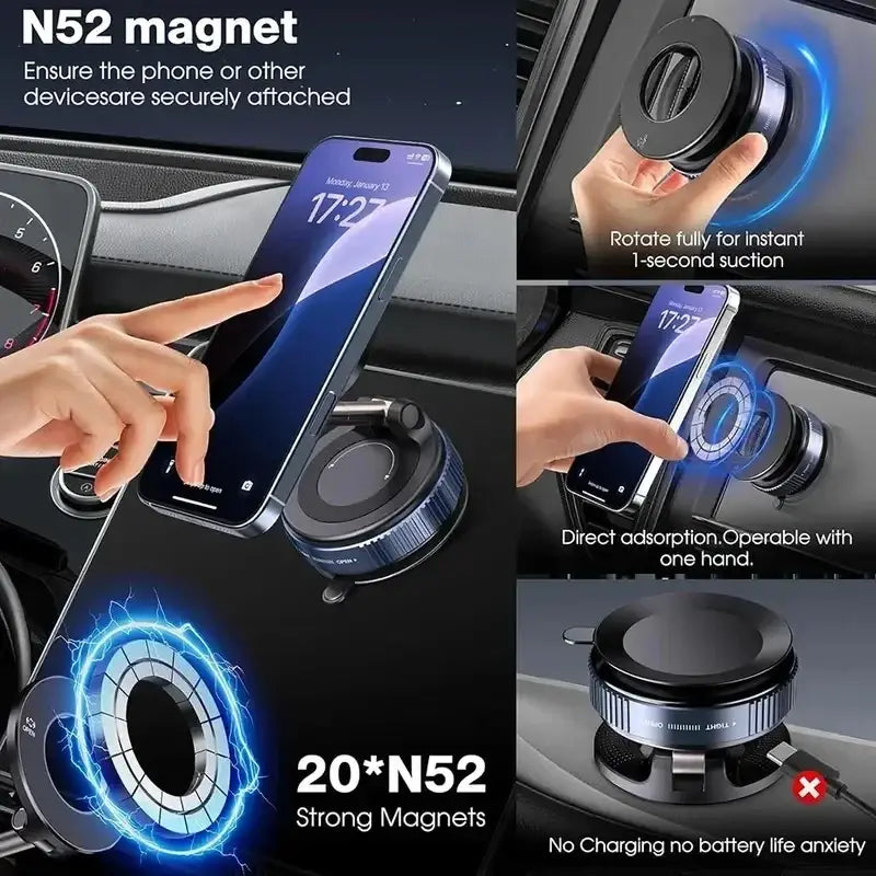 Black magnetic phone holder for smooth surfaces with textured grip ring and 20 n52 strong magnets for mobile phone secure attachment