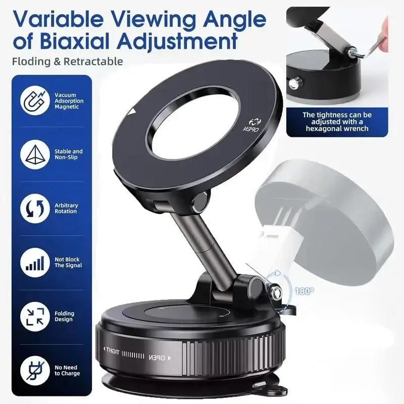 Black adjustable magnifying lamp with circular head and suction base suitable for mobile phone holder on smooth surfaces