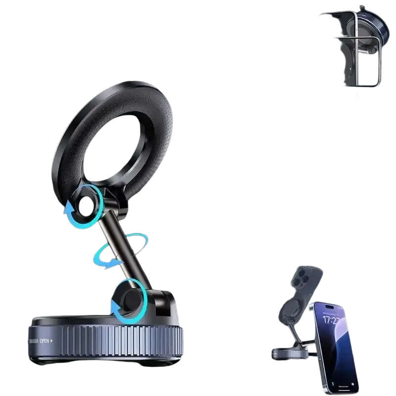 Black and silver magnetic phone holder with 360-degree rotating arm for versatile mobile phone use on smooth surfaces