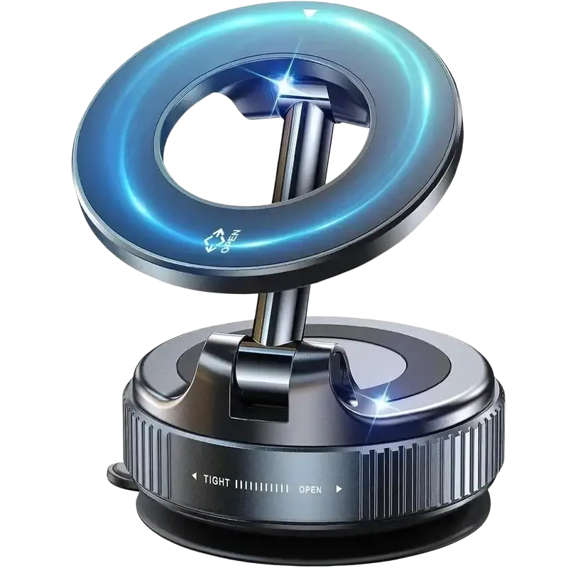 Blue led ring light phone holder with sleek metallic base and adjustable suction cup mount for smooth surfaces mobile phone use