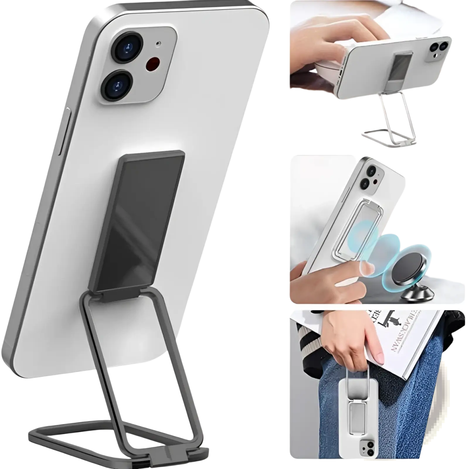 Black magnetic phone ring holder with adjustable grip and foldable design for desktop use shown from the back side