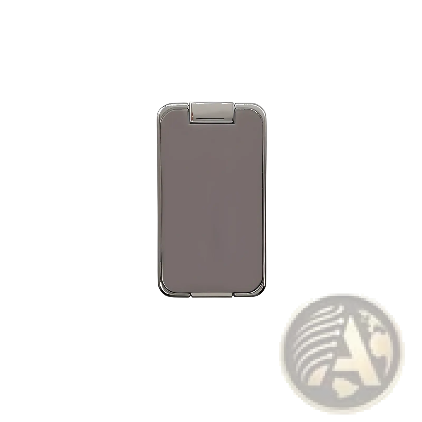 Gray magnetic phone ring holder foldable desktop stand with metallic silver frame and hinge mechanism