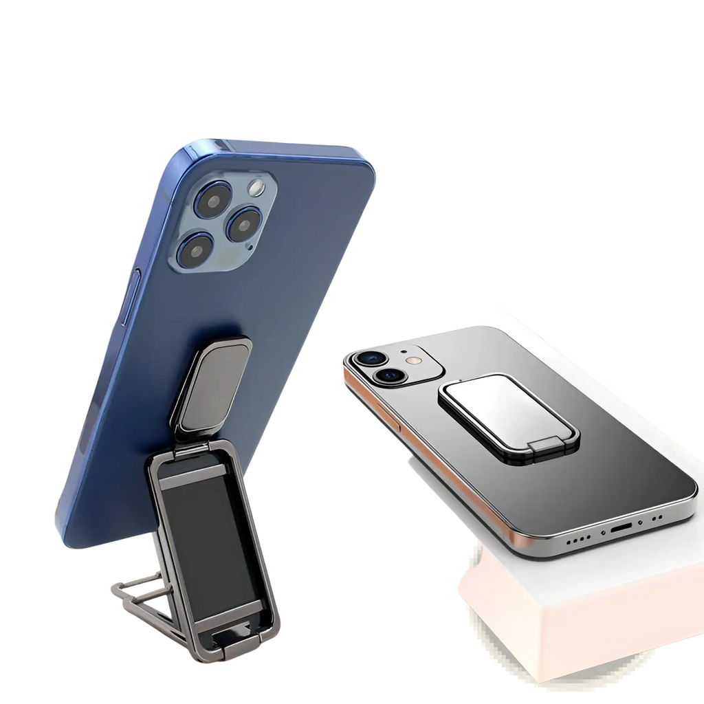 Back side of a blue smartphone featuring a magnetic phone ring holder foldable desktop stand for hands-free viewing