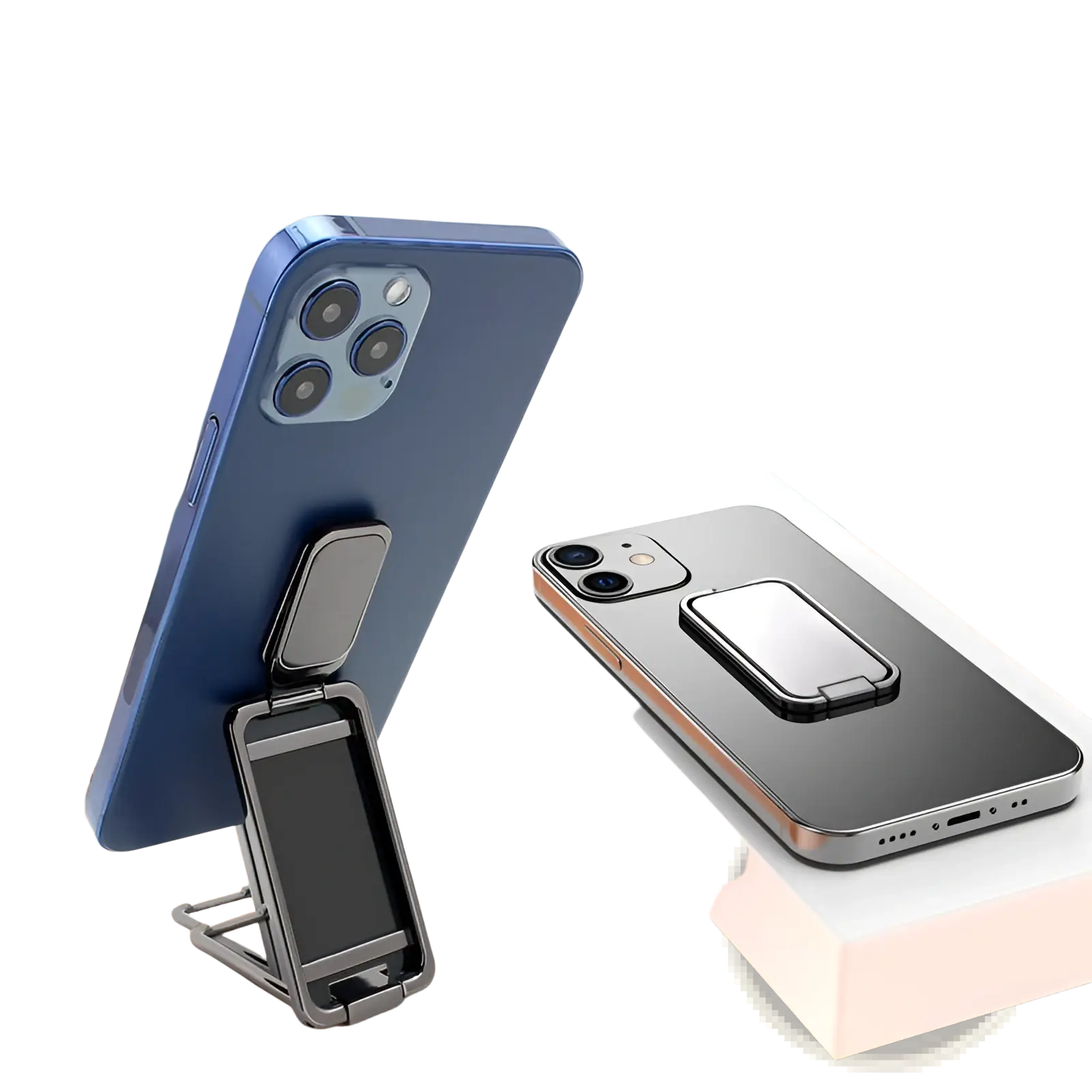 Back side of a blue smartphone featuring a magnetic phone ring holder foldable desktop stand for hands-free viewing