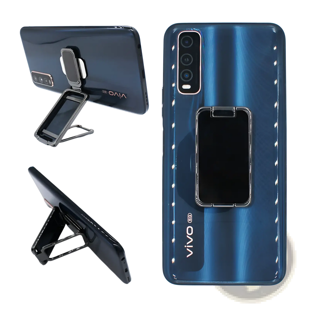 Blue gradient phone case with built-in metal stand shown from the back for magnetic phone ring holder foldable desktop stand