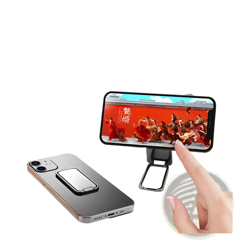 Black and silver magnetic phone ring holder foldable desktop stand with damping shaft structure shown from the back side