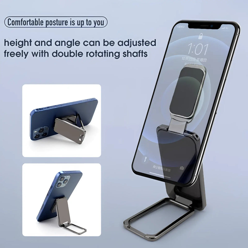 Adjustable metallic magnetic phone ring holder foldable desktop stand with double rotating shafts for ergonomic viewing