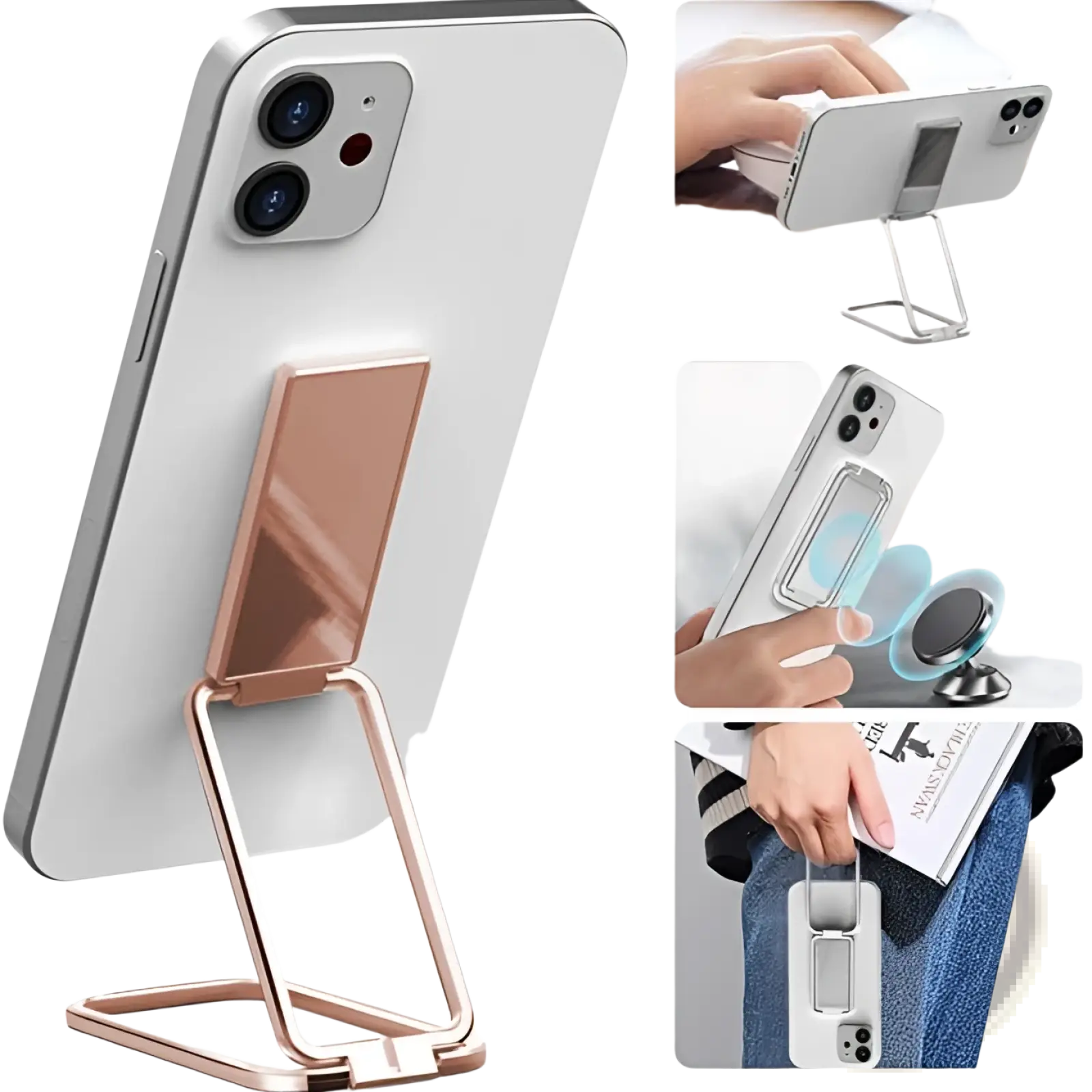 Rose gold metal magnetic phone ring holder with adjustable foldable stand for desktop use