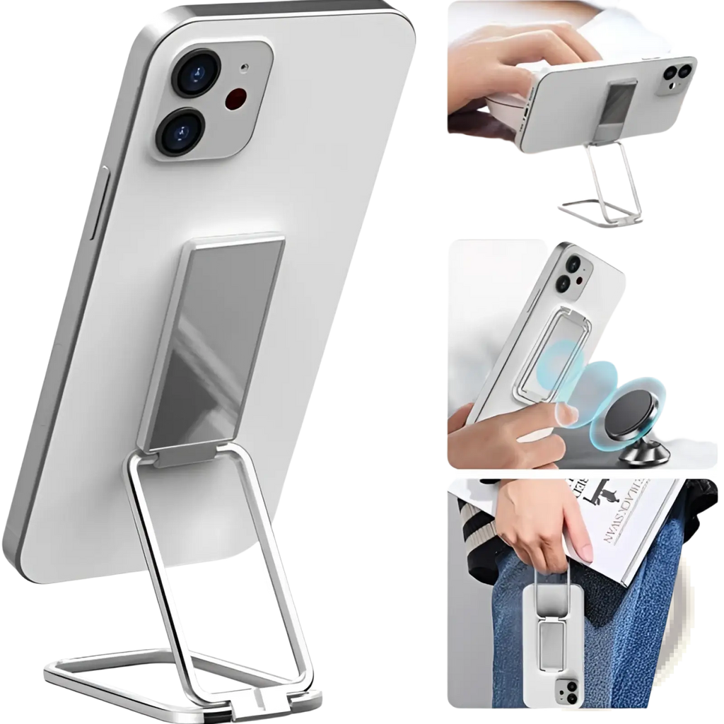 Silver metallic magnetic phone ring holder with reflective rectangular grip and adjustable foldable desktop stand