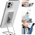 Silver metallic magnetic phone ring holder with reflective rectangular grip and adjustable foldable desktop stand
