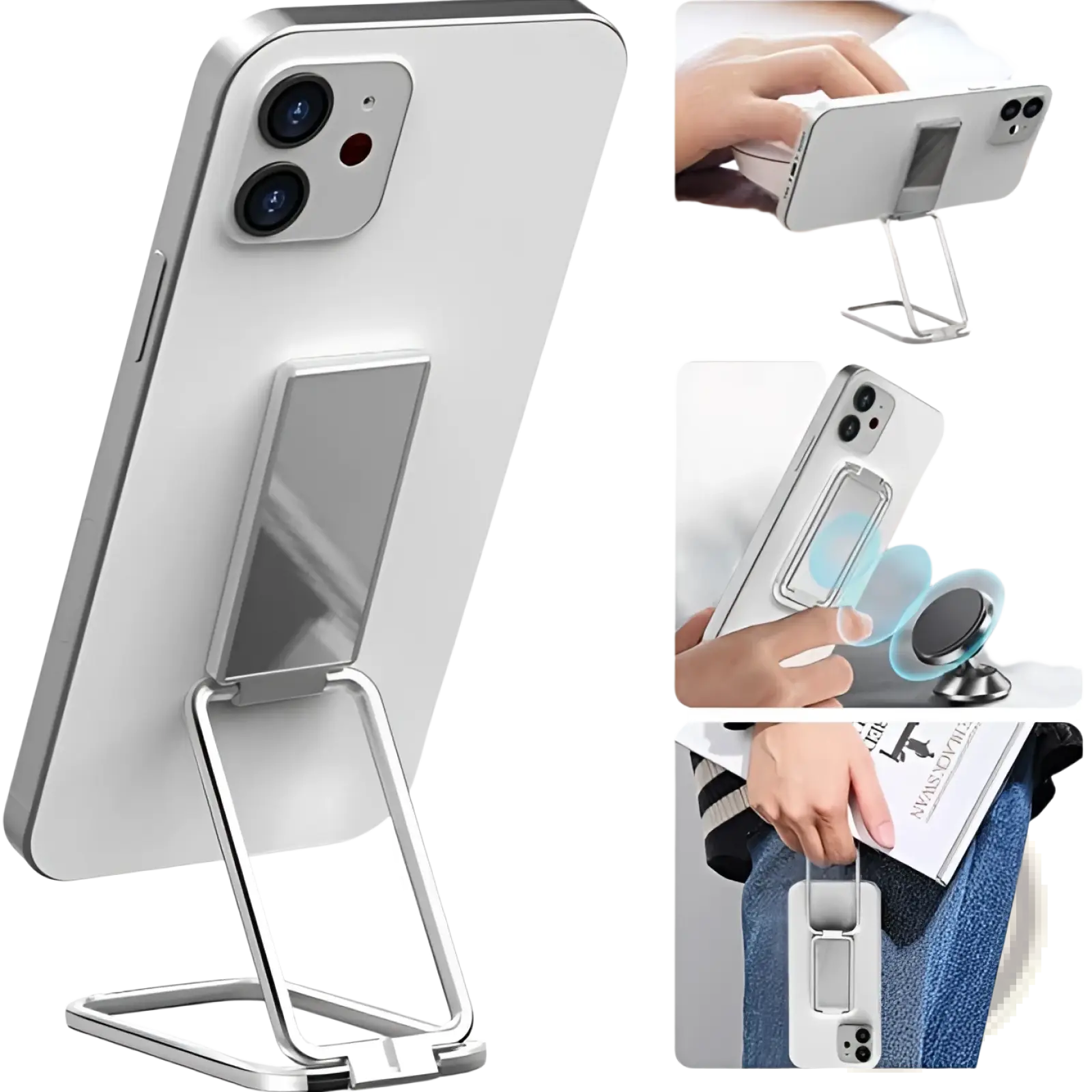 Silver metallic magnetic phone ring holder with reflective rectangular grip and adjustable foldable desktop stand