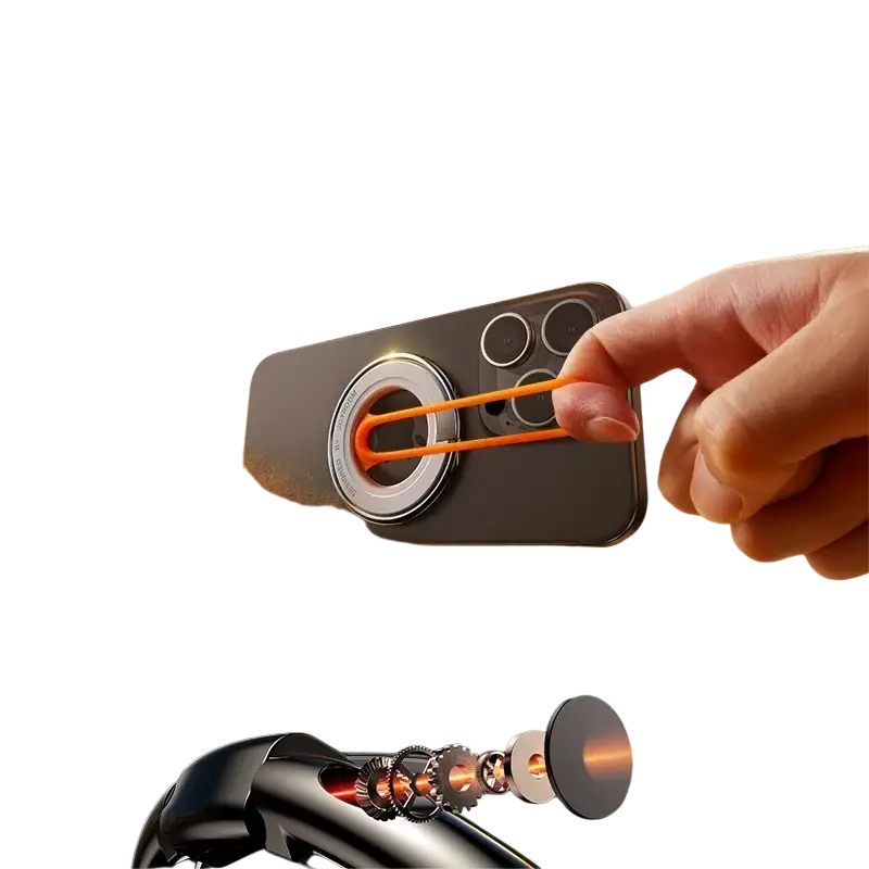 Black smartphone back with a magnetic phone ring holder featuring an orange elastic band as a special feature