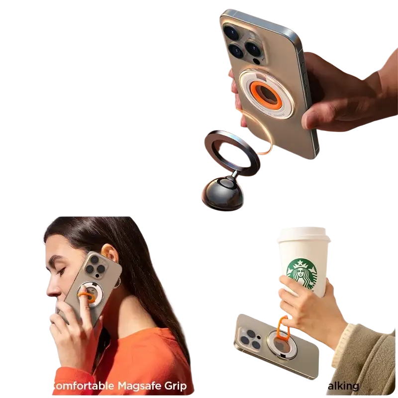 Silver magnetic phone ring holder with orange accent and black base showing special feature for iphone kickstand use