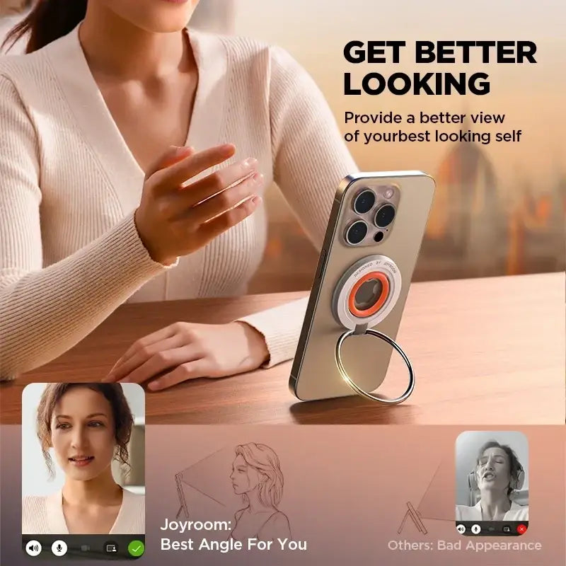 Silver iphone back with a circular orange and white magnetic phone ring holder featuring a special kickstand function