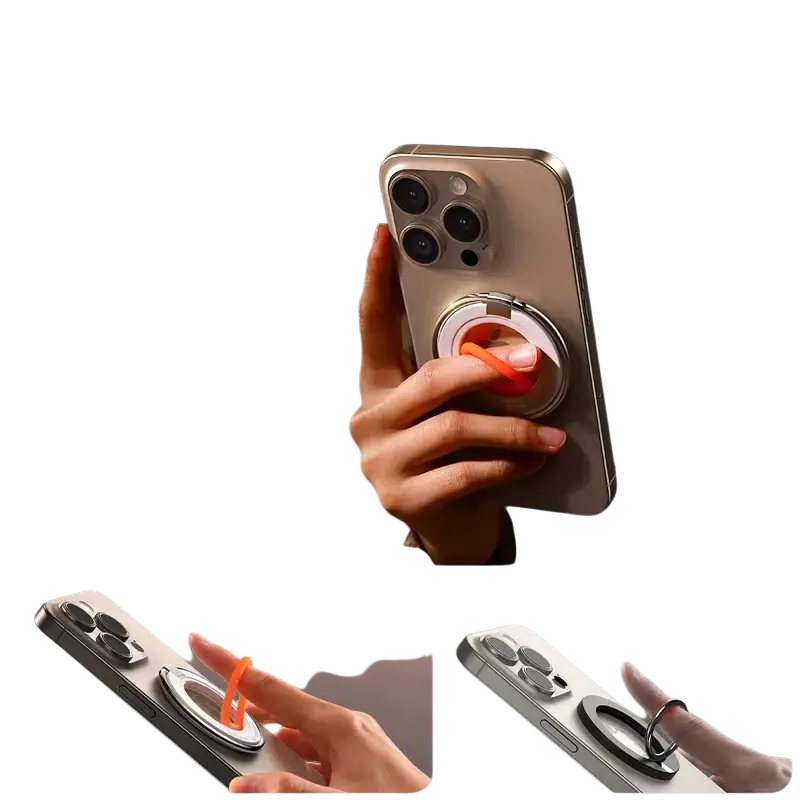 A sleek silver magnetic phone ring holder with a soft orange silicone inner band for comfortable finger support