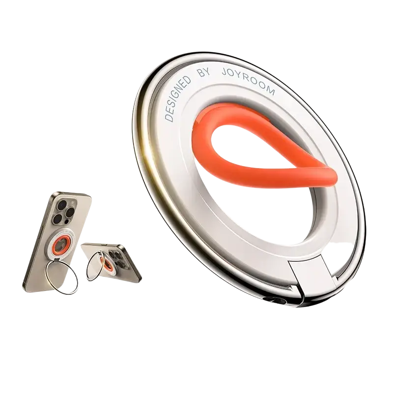 White metal magnetic phone ring holder with orange silicone grip special feature by joyroom for iphone kickstand