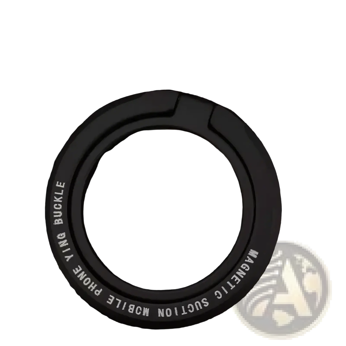 Black magnetic phone ring holder for Magsafe with circular design and engraved text on the back side