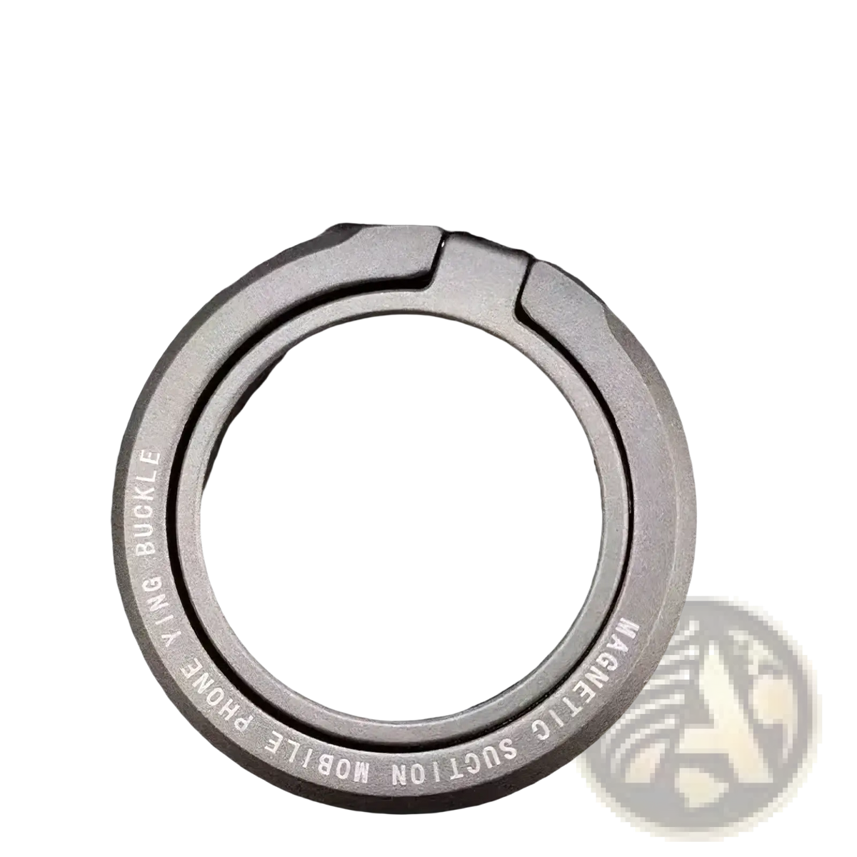 A sleek dark gray metallic magnetic phone ring holder with rugged industrial design and engraved inner edge for magsafe