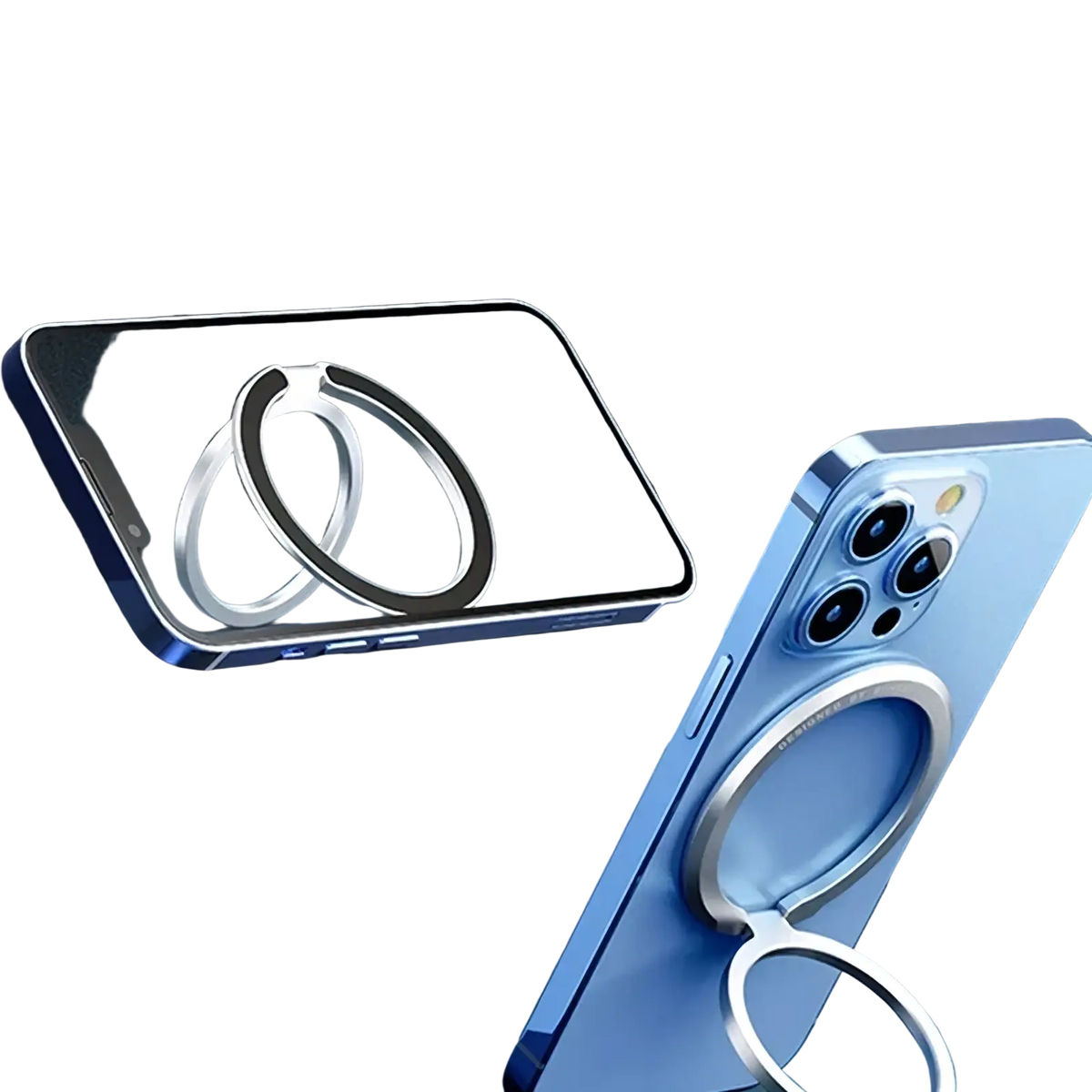 Silver magnetic phone ring holder with magsafe compatibility shown from the back side for iphone models