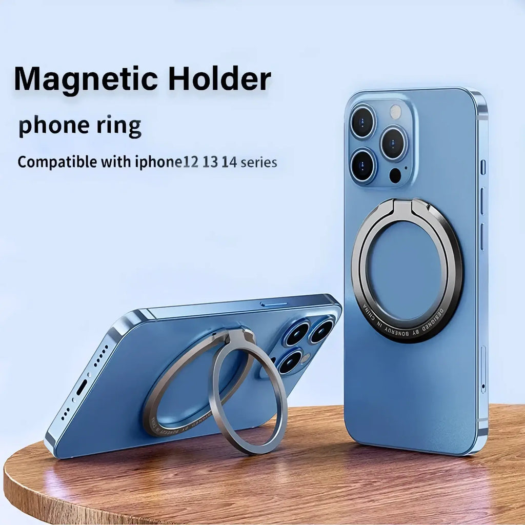 Silver magnetic metal phone ring holder for iphone 12 13 and 14 series shown from the back side with magsafe compatibility