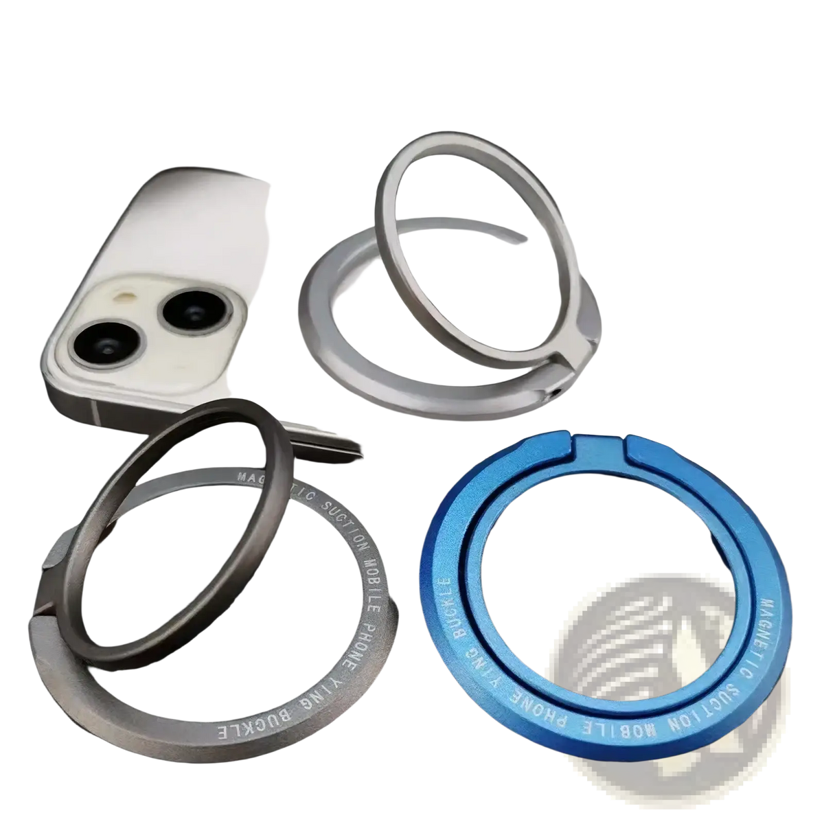 Magnetic phone ring holders for magsafe in silver and blue with sleek minimalist metal design shown from the back side