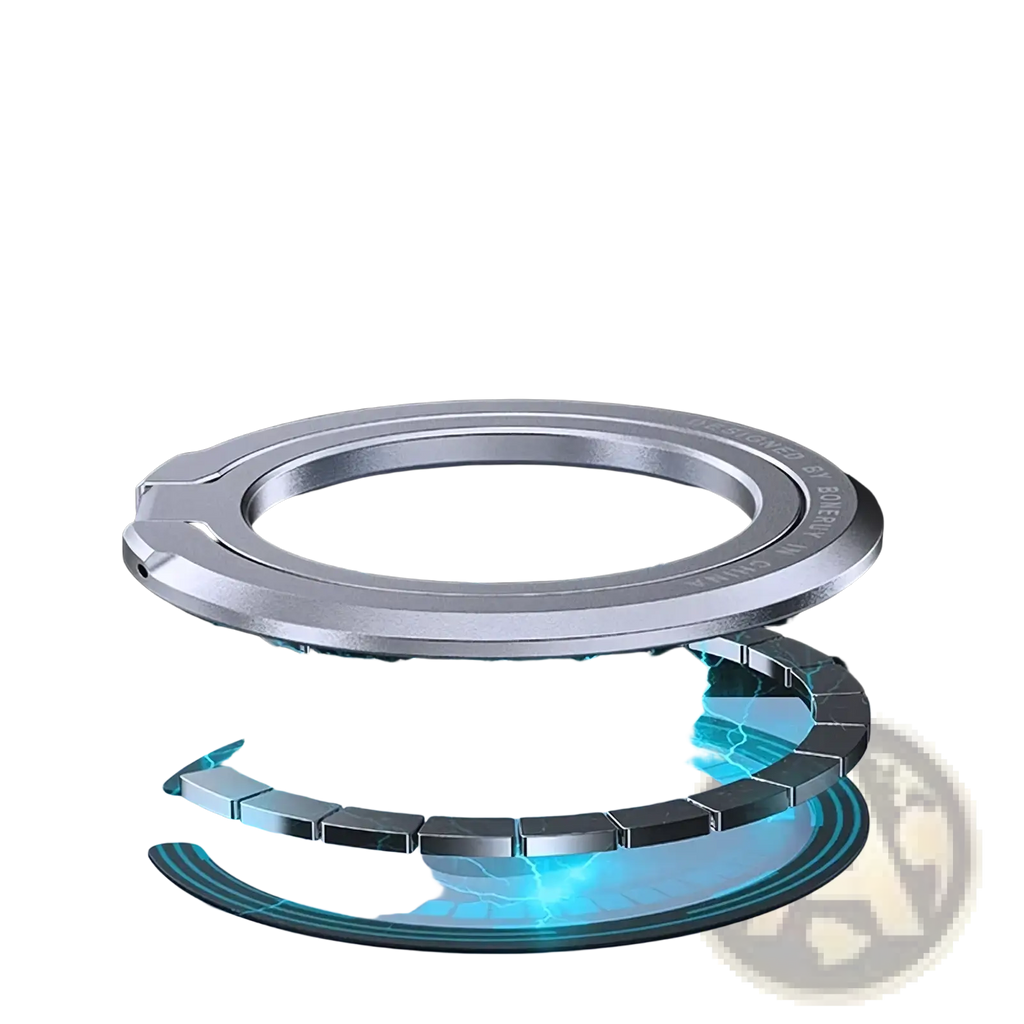 Silver metallic magnetic phone ring holder for magsafe with sleek circular design and segmented inner band shown from back side