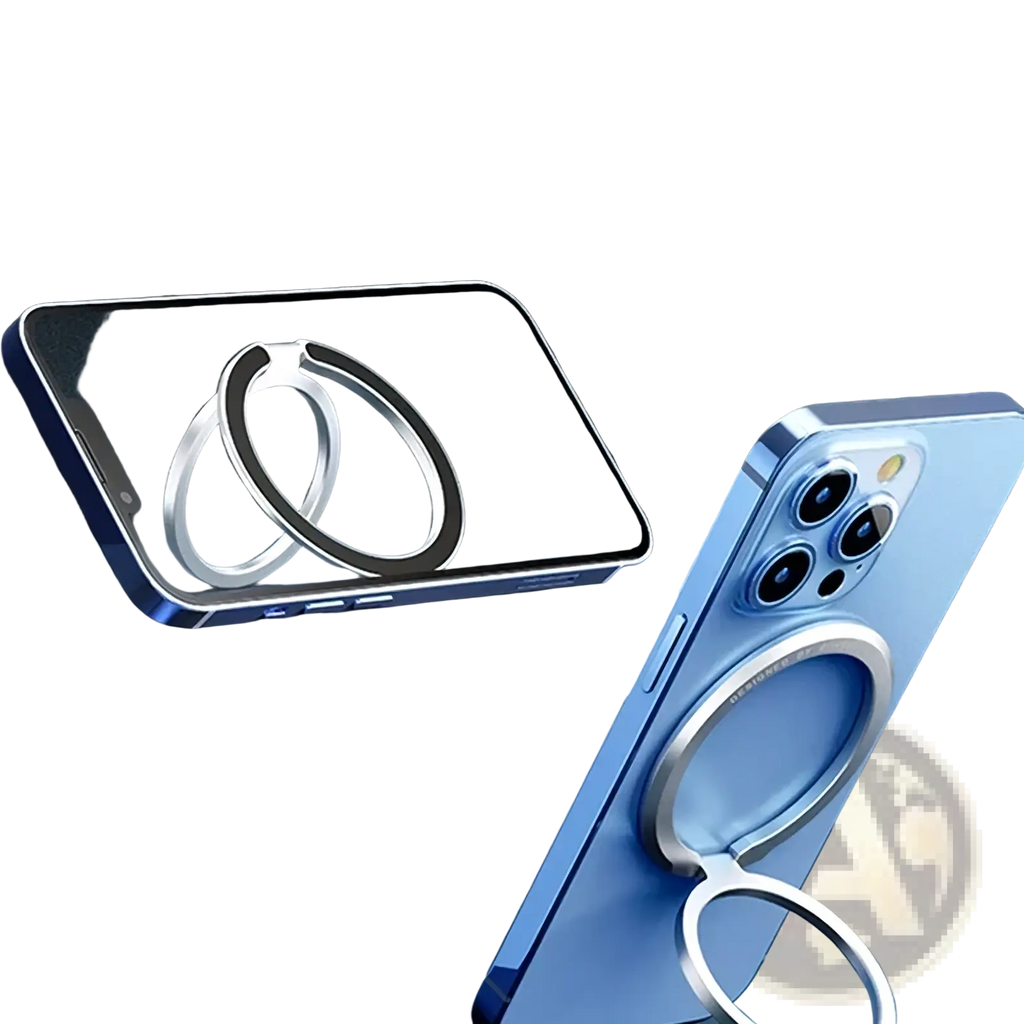 Silver magnetic phone ring holder with magsafe compatibility shown from the back side for iphone models