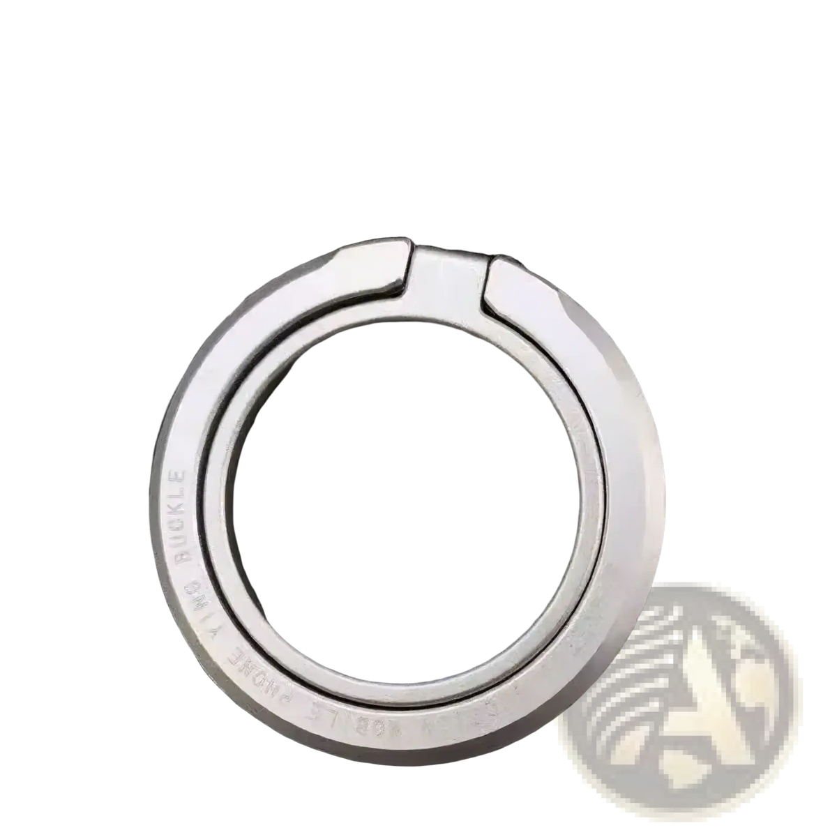 Silver-toned metal carabiner with sleek minimalist design and engraved text for magnetic phone ring holder for magsafe