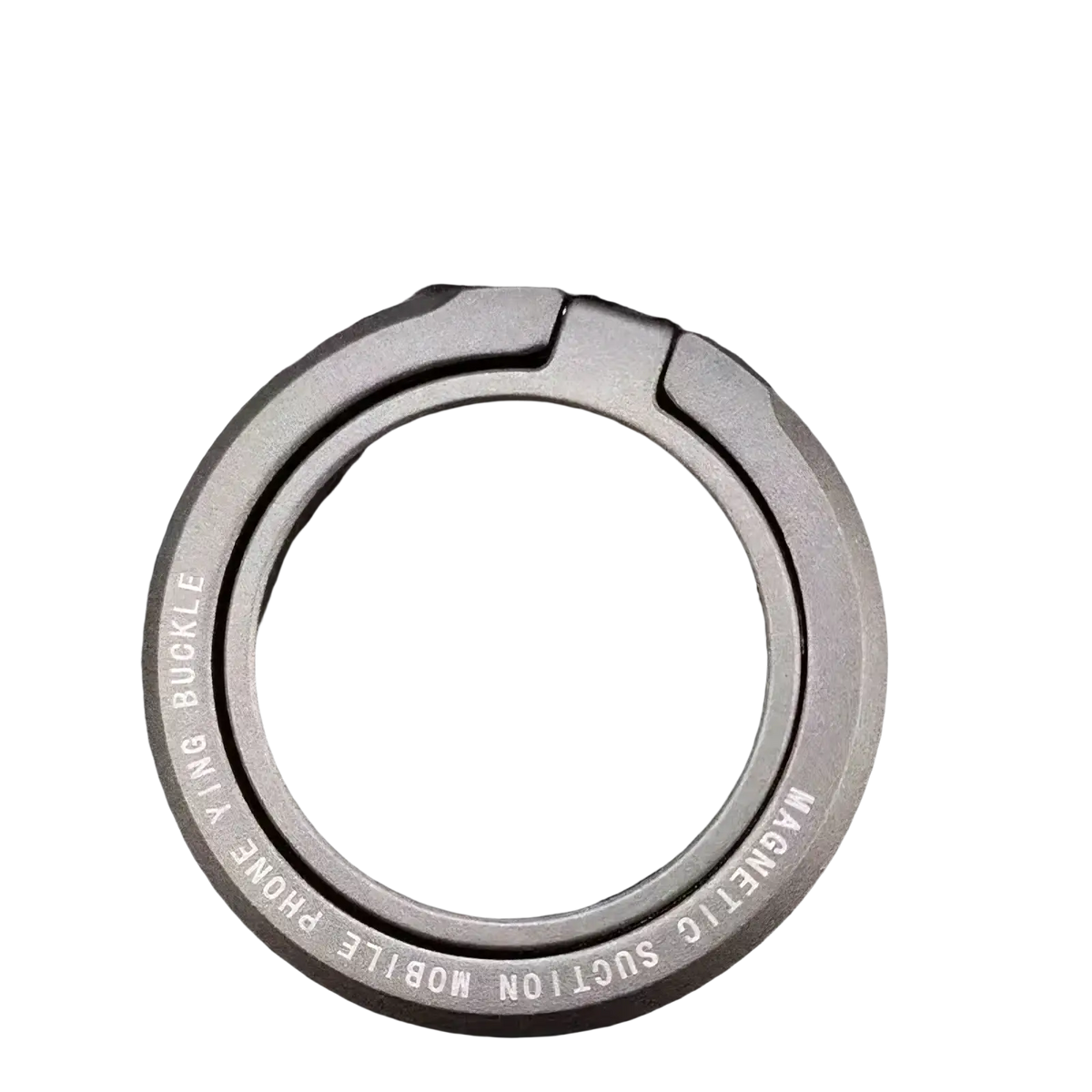 A sleek dark gray metallic magnetic phone ring holder with rugged industrial design and engraved inner edge for magsafe