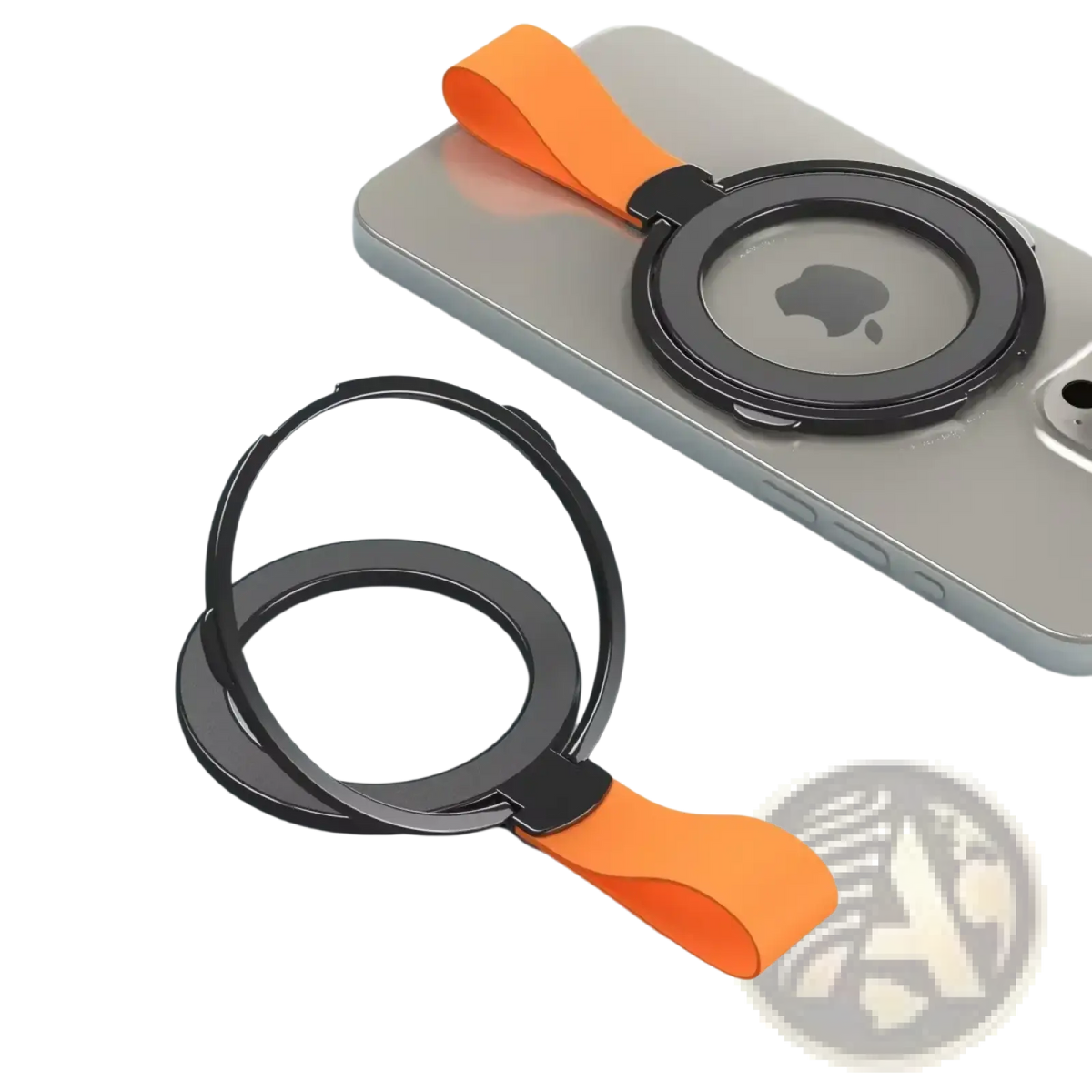 Black magnetic phone ring holder with orange silicone strap for magsafe shown from the back side