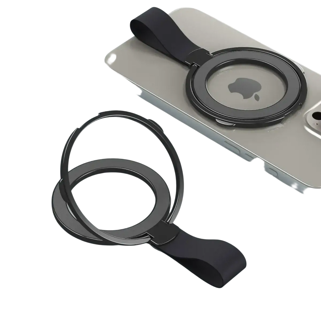 Black magnetic phone ring holder with sleek minimalist design and soft orange silicone strap for MagSafe use