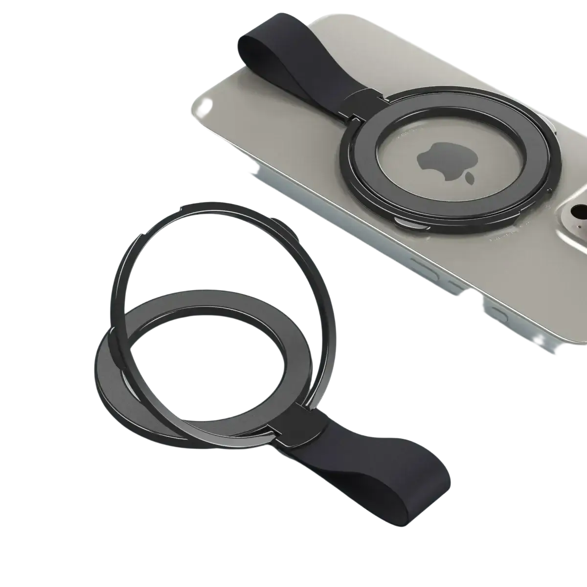 Black magnetic phone ring holder with sleek minimalist design and soft orange silicone strap for MagSafe use