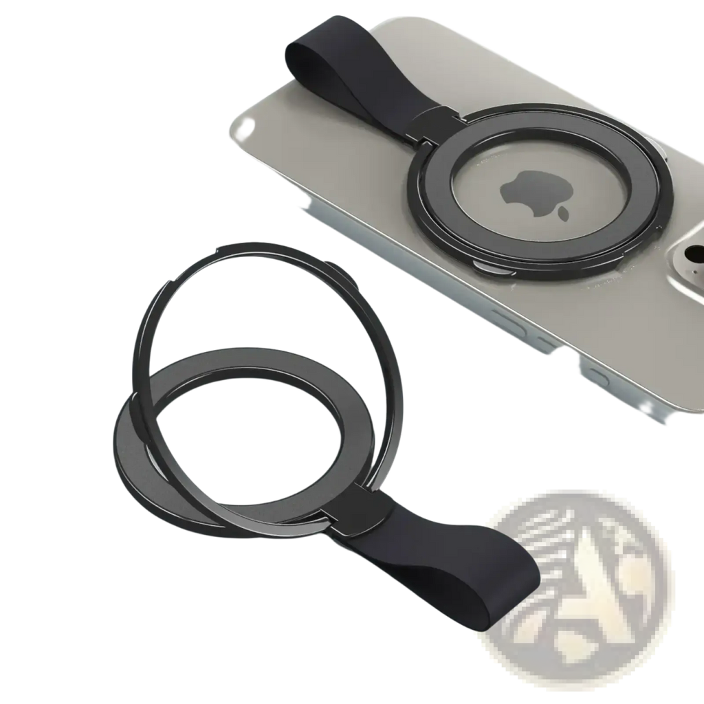 Black magnetic phone ring holder with sleek minimalist design and soft orange silicone strap for MagSafe use