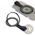 Black magnetic phone ring holder with sleek minimalist design and soft orange silicone strap for MagSafe use