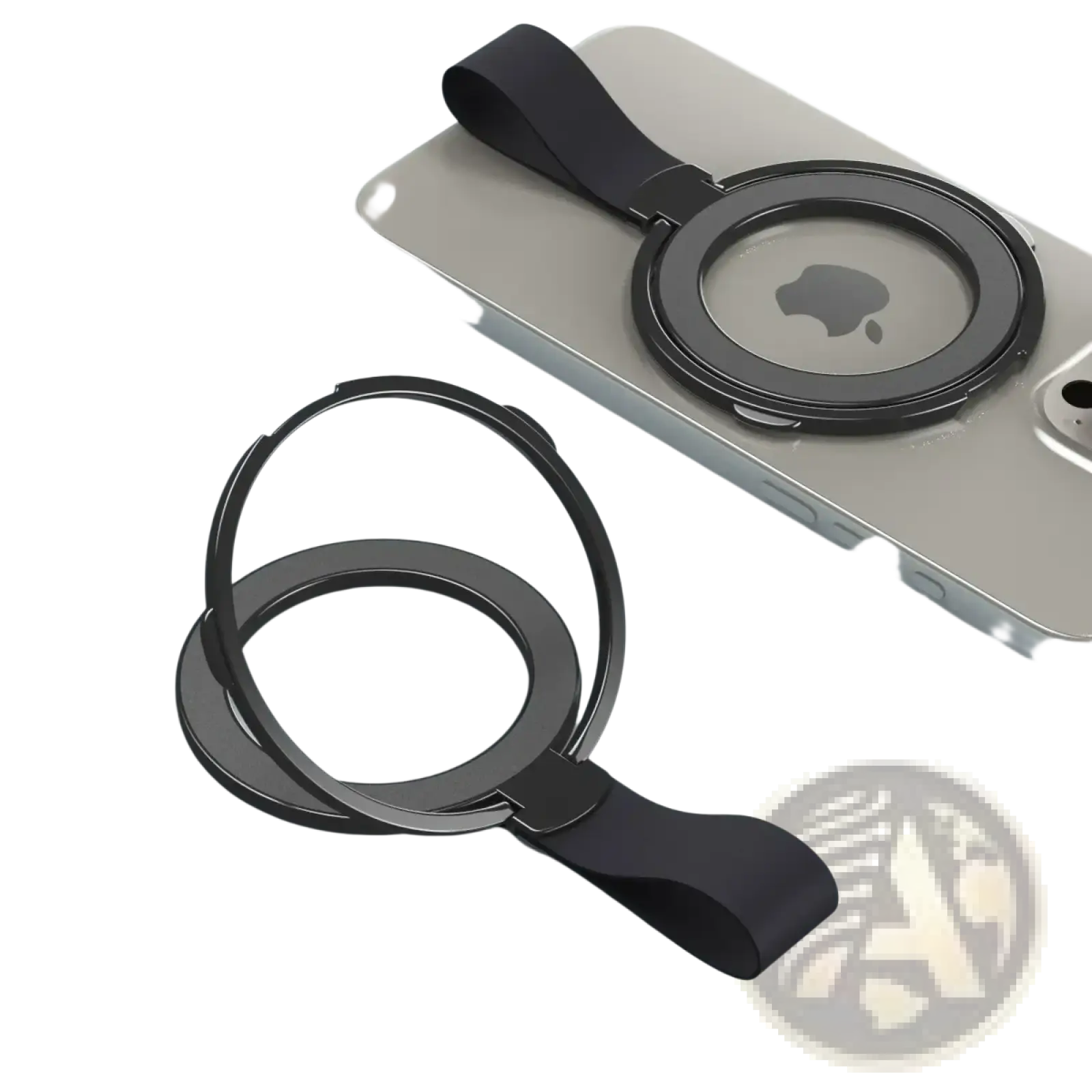 Black magnetic phone ring holder with sleek minimalist design and soft orange silicone strap for MagSafe use