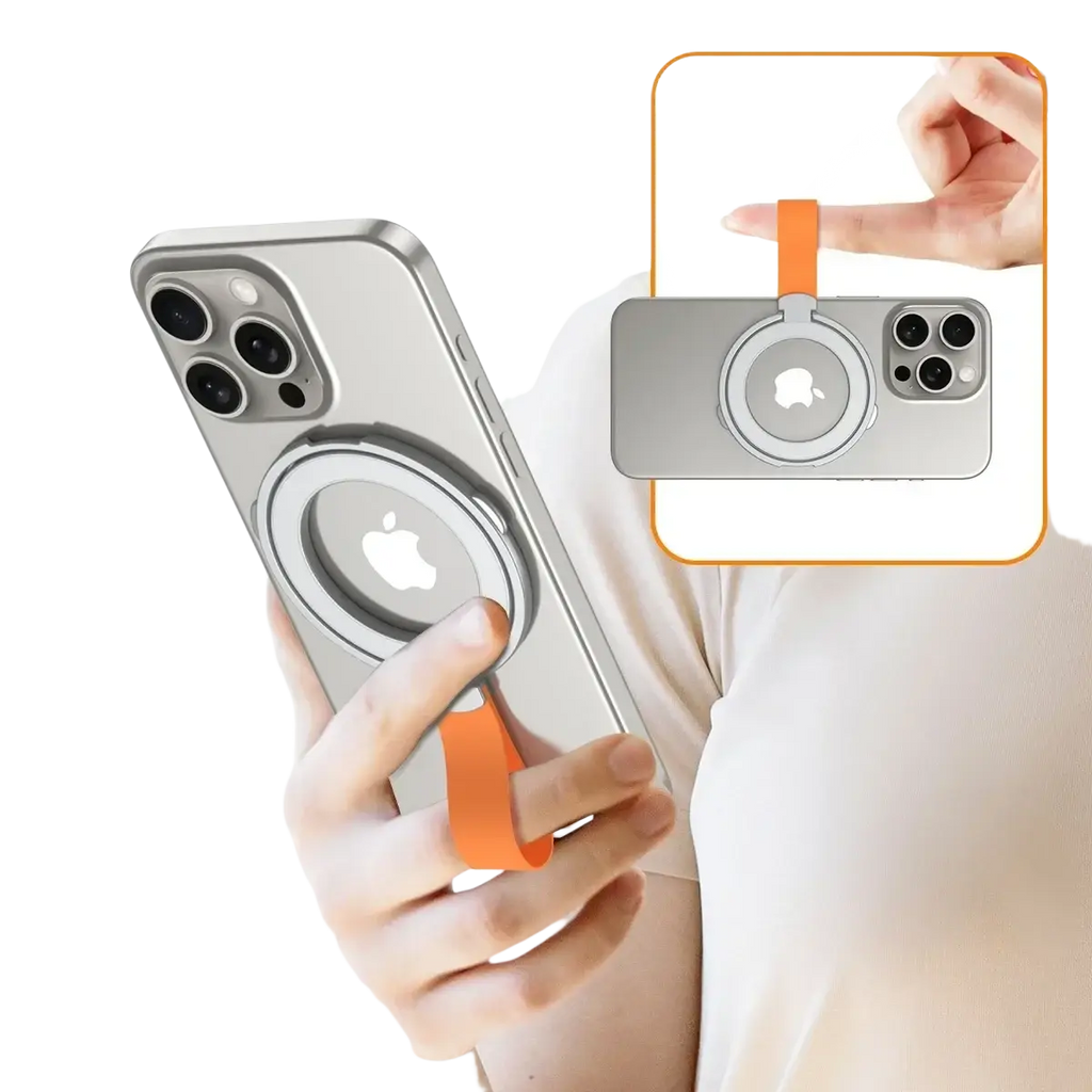 Orange silicone finger grip ring for iphone with magnetic circular base for magsafe phone ring holder shown from back side