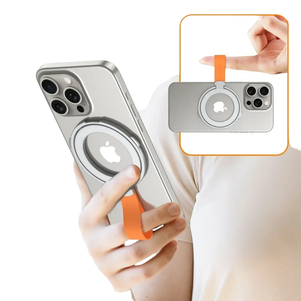 Orange silicone finger grip ring for iphone with magnetic circular base for magsafe phone ring holder shown from back side