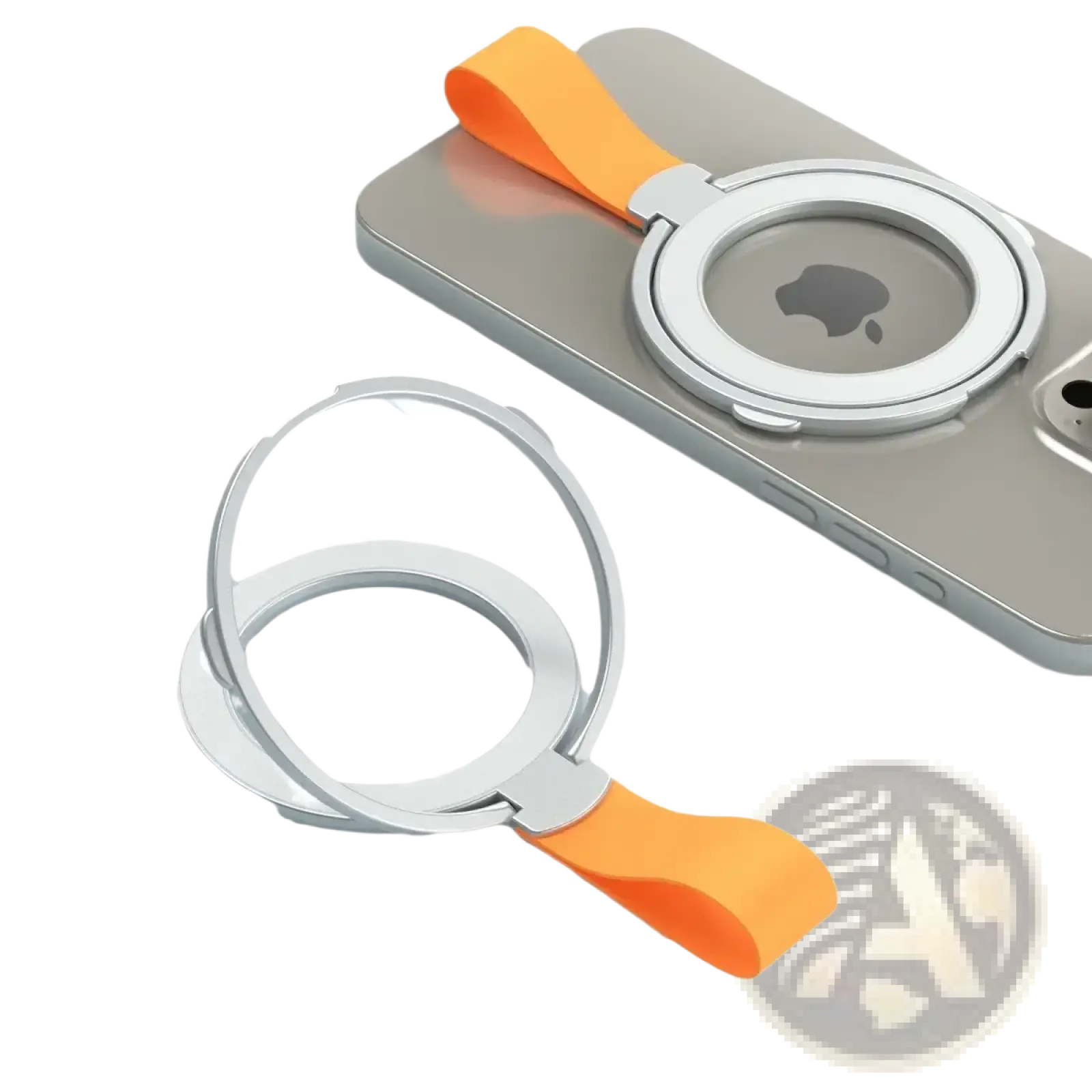 Silver magnetic phone ring holder with orange silicone strap designed for magsafe compatibility, back side view