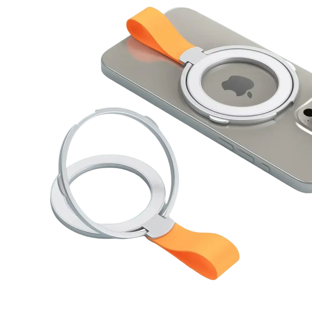 Silver magnetic phone ring holder with orange silicone strap for Magsafe shown from the back side