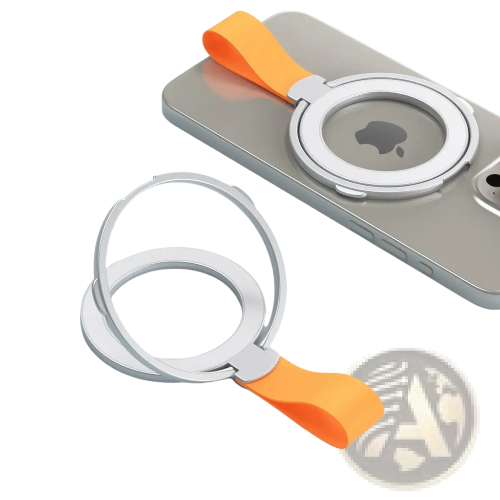 Silver magnetic phone ring holder with orange silicone strap designed for magsafe compatibility shown from the back side