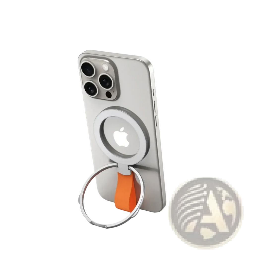 Silver magnetic phone ring holder with orange silicone grip and strap designed for Magsafe compatibility
