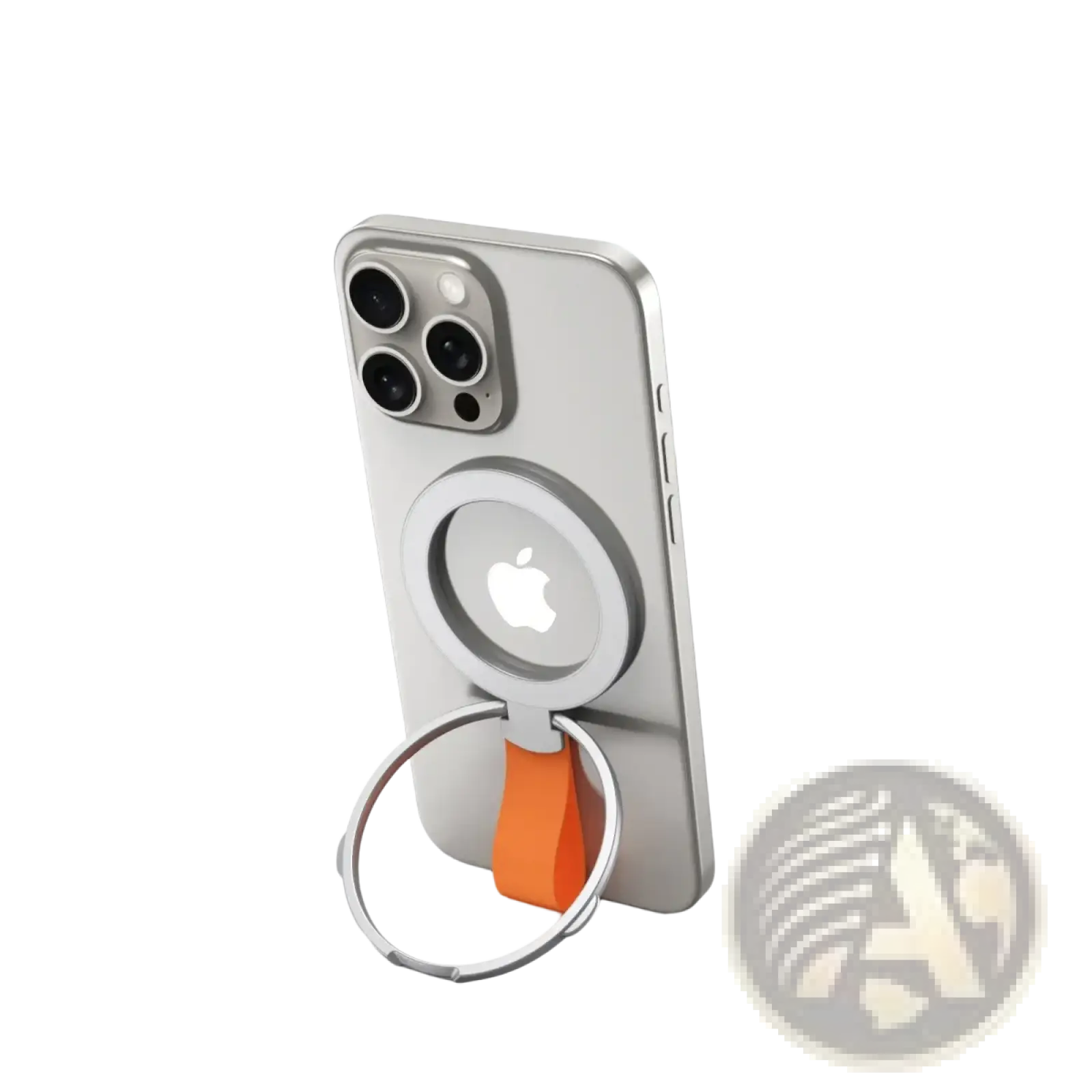Silver magnetic phone ring holder with orange silicone grip and strap designed for Magsafe compatibility